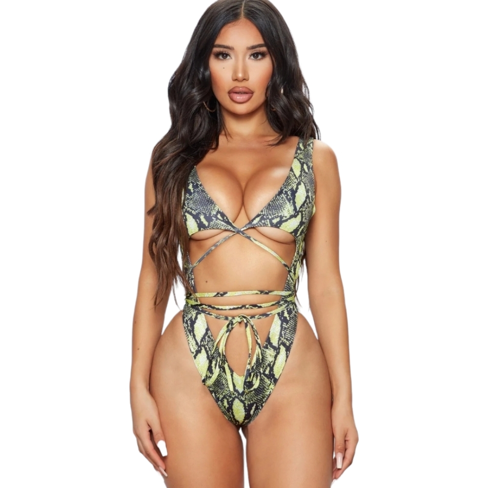 Fashion Nova Vitamin Sea Snake Print Lace Up Swimsuit